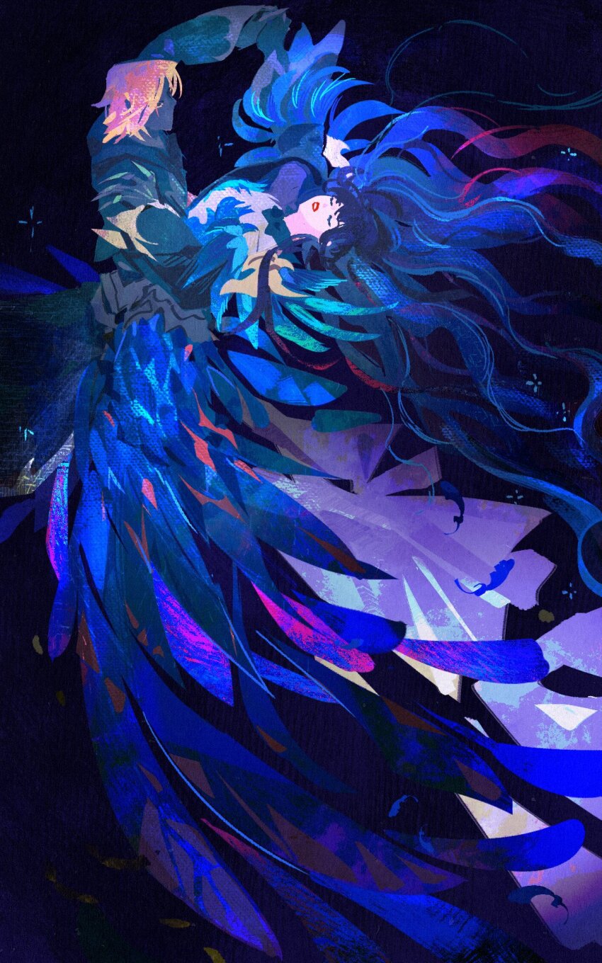 1boy, 1girl, absurdly_long_hair, alternate_costume, black_collar, black_hair, blonde_hair, closed_eyes