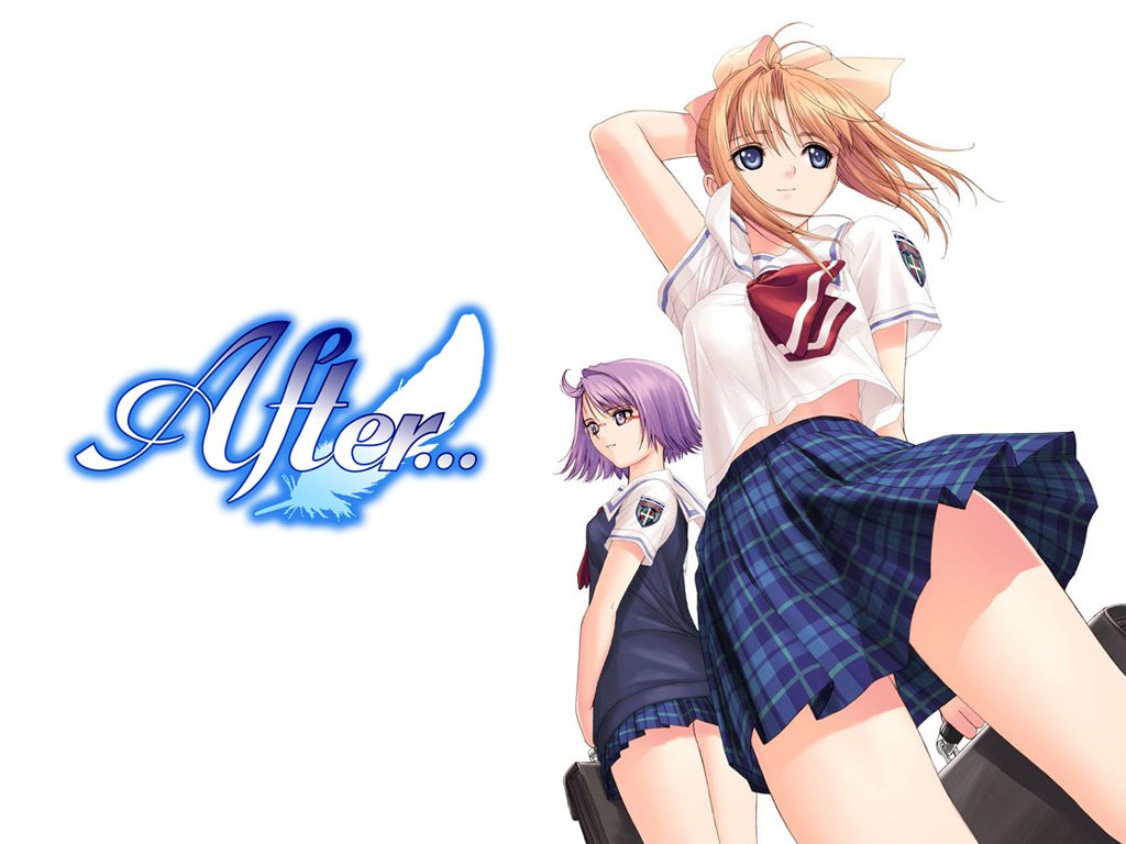 00s, 2girls, after_(game), after_sweet_kiss, bag, blue_eyes, brown_hair, glasses