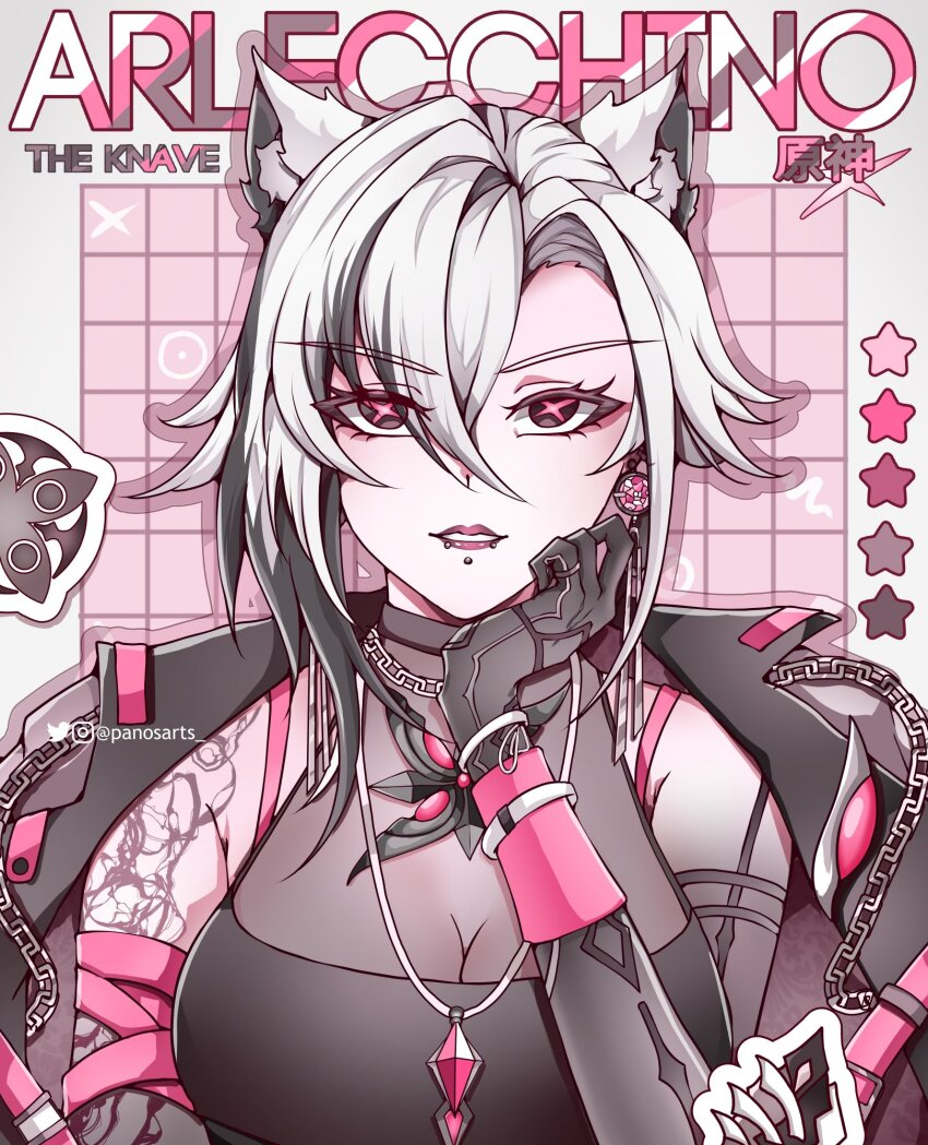 1girl, animal_ears, arlecchino_(genshin_impact), black_eyes, black_hair, bracelet, breasts, cat_ears