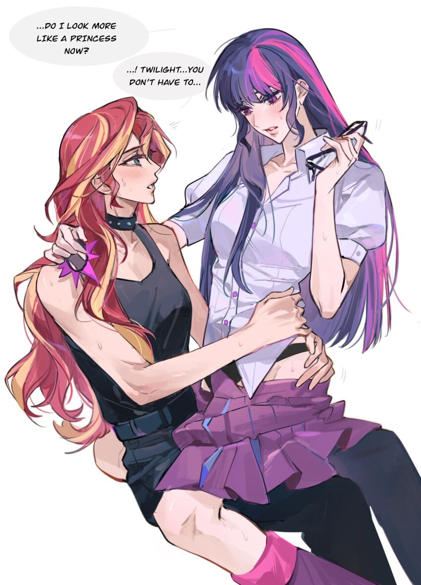 2girls, aqua_eyes, belt, blonde_hair, blue_hair, collar, collarbone, collared_shirt