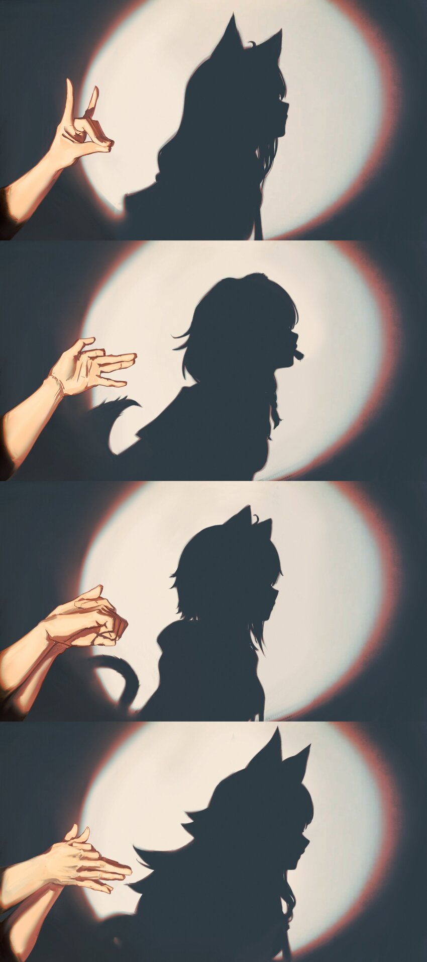4girls, absurdres, animal_ears, cat_ears, cat_girl, dog_girl, dog_shadow_puppet, fox_ears, fox_girl, fox_shadow_puppet, hand_gesture, highres, hololive, hololive_gamers, hololive_shadow_puppet_(meme), hood, hoodie, hyde_(tabakko), inugami_korone, inugami_korone_(1st_costume), long_hair, meme, multiple_girls, nekomata_okayu, nekomata_okayu_(1st_costume), ookami_mio, ookami_mio_(1st_costume), shadow, shirakami_fubuki, shirakami_fubuki_(1st_costume), silhouette, spotlight, tail, virtual_youtuber, wolf_ears, wolf_girl