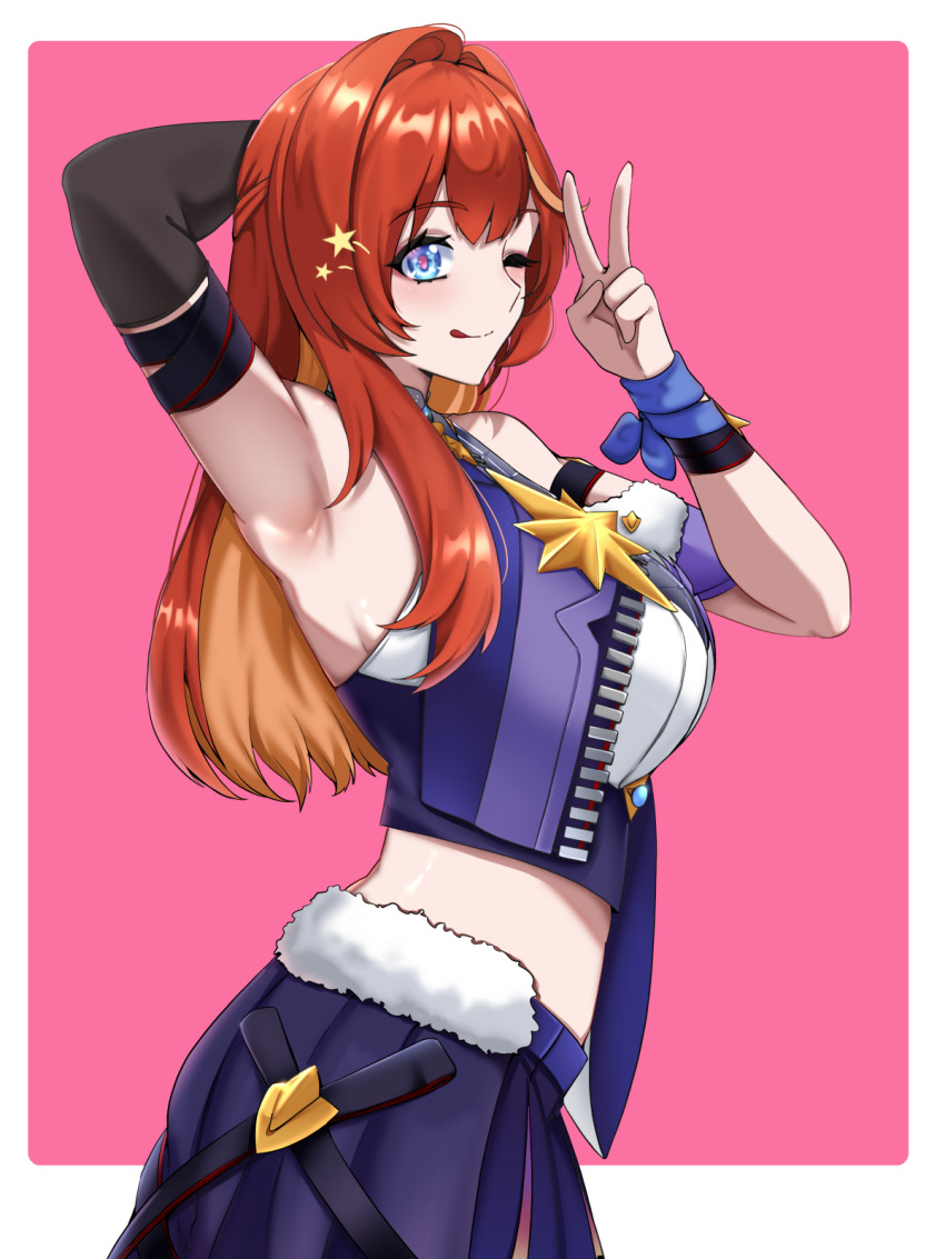 1girl, ;), ;q, arm_up, armpits, bare_shoulders, blue_eyes, blue_skirt