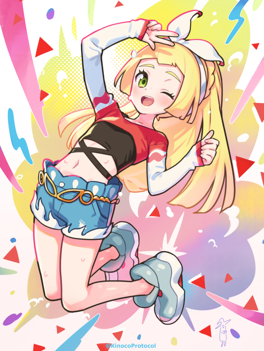 1girl, alternate_costume, blonde_hair, cosplay, denim, denim_shorts, green_eyes, grey_shoes