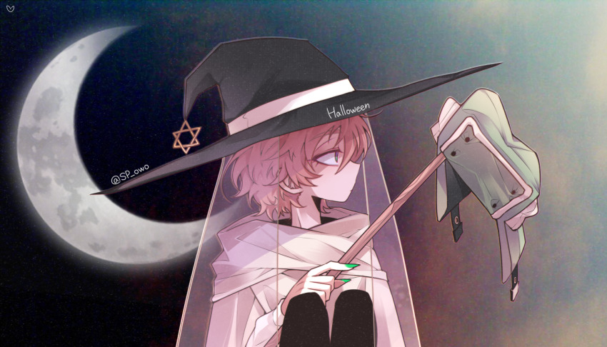 1boy, blue_eyes, cloak, crescent_moon, fingernails, fur_hat, halloween_(owo), hat