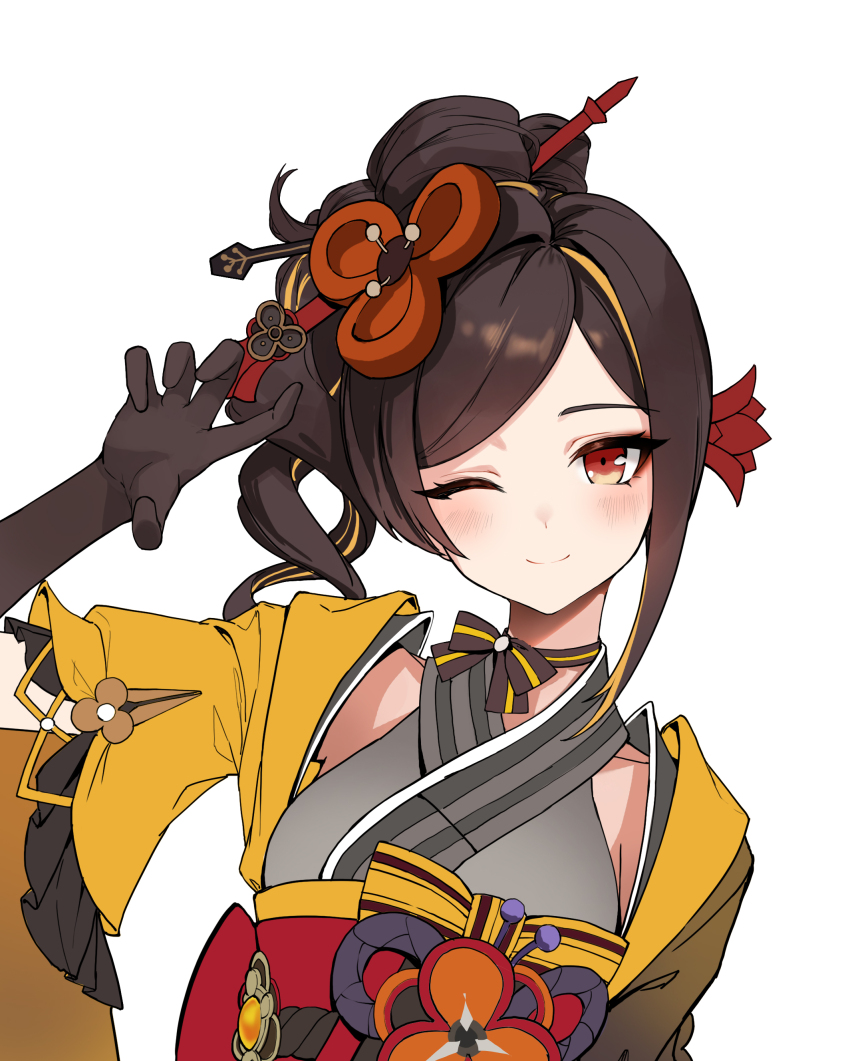 1girl, ;), absurdres, asymmetrical_sidelocks, bare_shoulders, black_gloves, blonde_hair, brown_hair