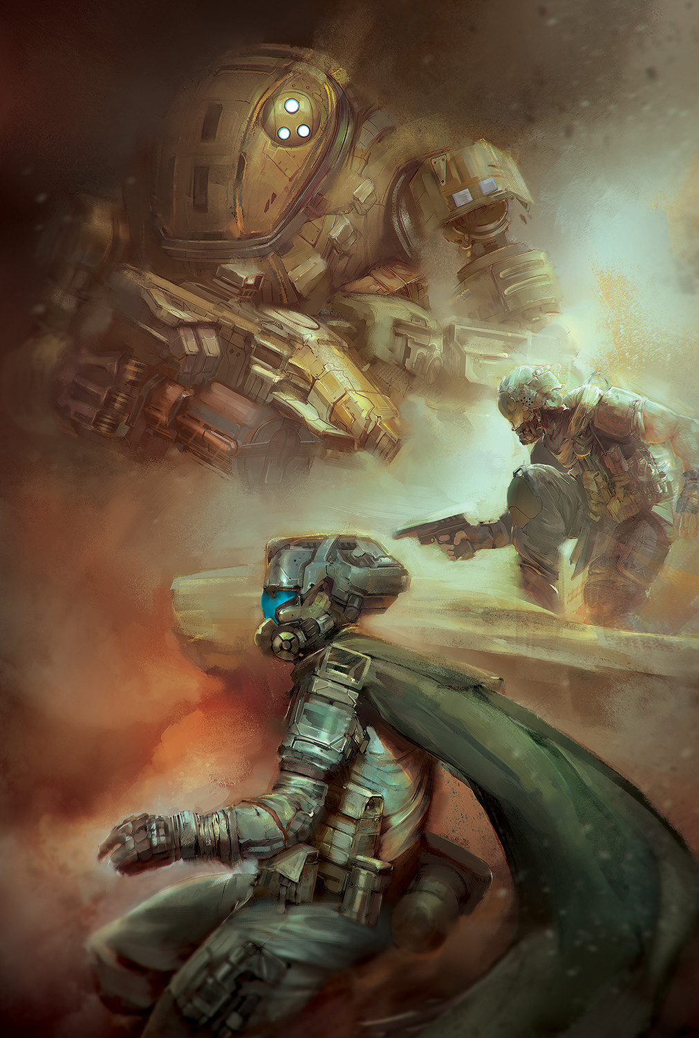 2boys, black_pants, brown_gloves, cape, cargo_pants, colin_foran, commentary, english_commentary, gloves, green_cape, green_vest, grey_pants, gun, handgun, helmet, highres, holding, holding_gun, holding_weapon, mecha, multiple_boys, ogre_(titanfall), pants, robot, science_fiction, titan_(titanfall), titanfall, titanfall_(series), vest, weapon