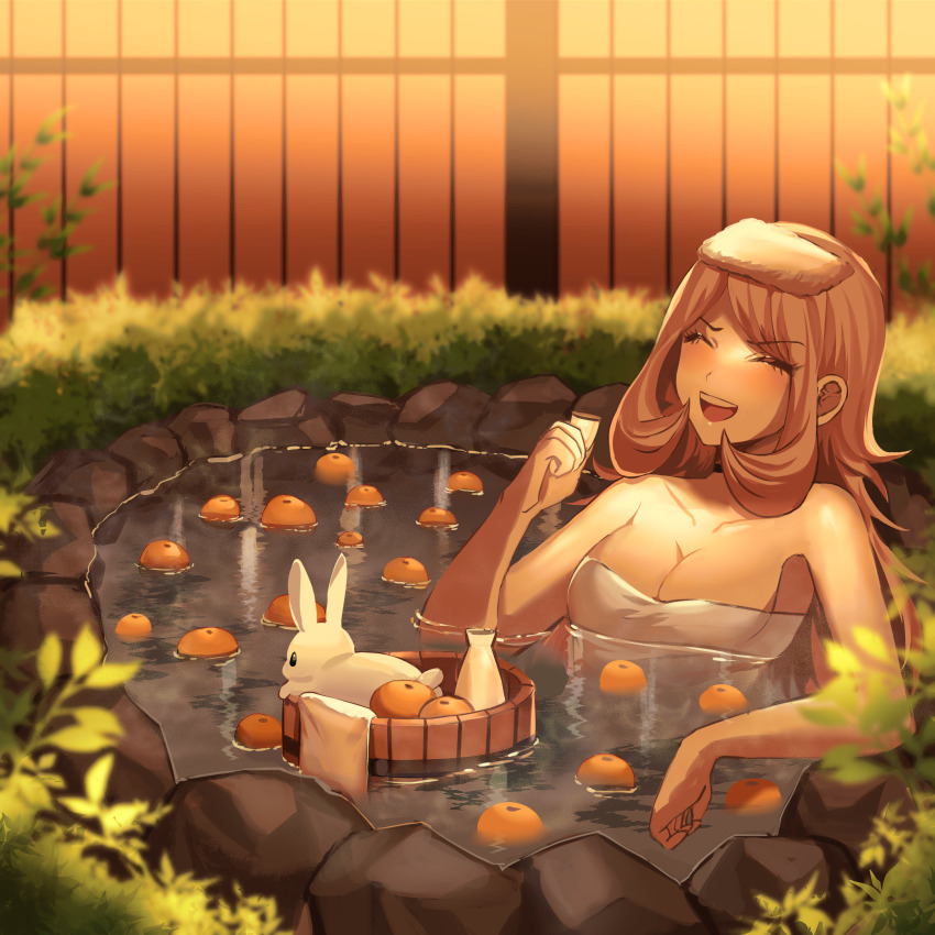 1girl, absurdres, animal, blush, breasts, choko_(cup), cleavage, closed_eyes