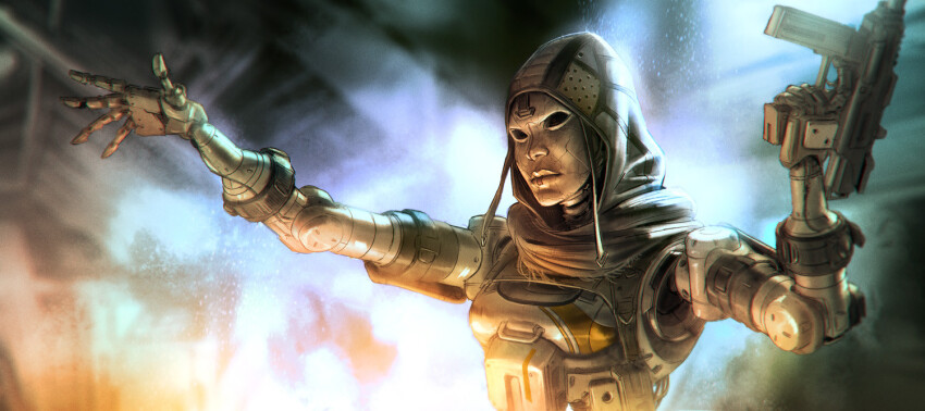 1girl, android, ash_(titanfall_2), black_eyes, breasts, frown, grey_scarf, gun