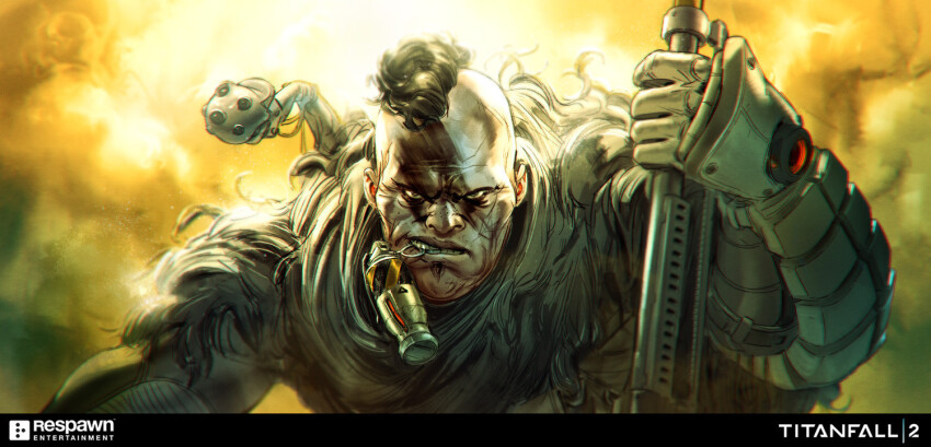 1boy, black_eyes, black_hair, black_jacket, commentary, copyright_name, english_commentary, explosive, gloves, grenade, grey_gloves, grey_scarf, gun, hethe_srodawa, holding, holding_gun, holding_weapon, jacket, logo, looking_at_viewer, male_focus, mohawk, official_art, respawn_entertainment, richter_(titanfall_2), rifle, scarf, smirk, solo, titanfall_(series), titanfall_2, v-shaped_eyebrows, weapon