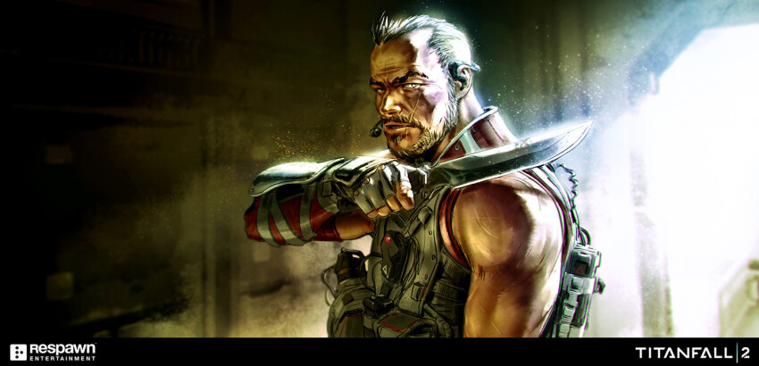 1boy, blue_eyes, brown_hair, bulletproof_vest, copyright_name, detached_sleeves, earpiece, facial_hair, fingerless_gloves, gloves, goatee, green_vest, grey_gloves, hethe_srodawa, holding, holding_knife, jacket, knife, kuben_blisk, logo, looking_at_viewer, male_focus, mustache, official_art, parted_lips, red_jacket, respawn_entertainment, scar, scar_on_face, short_hair, single_detached_sleeve, sleeveless, sleeveless_jacket, solo, soul_patch, titanfall_(series), titanfall_2, very_short_hair, vest