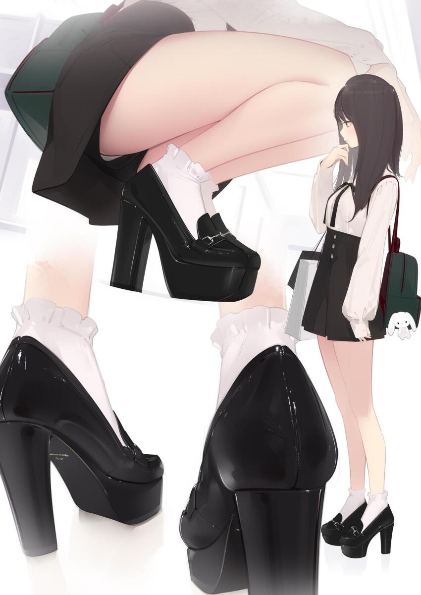 1girl, ama_mitsuki, backpack, bag, black_footwear, black_hair, black_skirt, bobby_socks