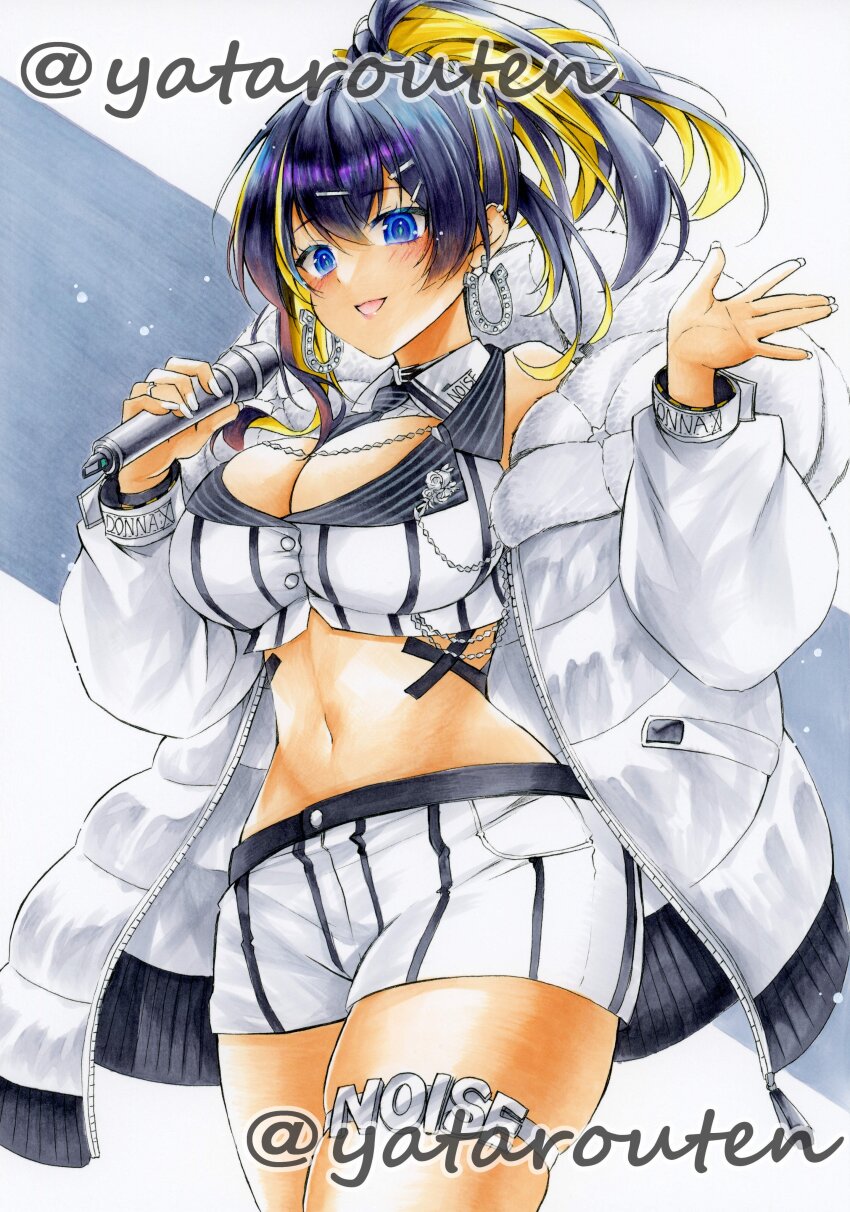 1girl, :d, absurdres, arm_strap, bare_shoulders, between_breasts, black_hair, black_necktie