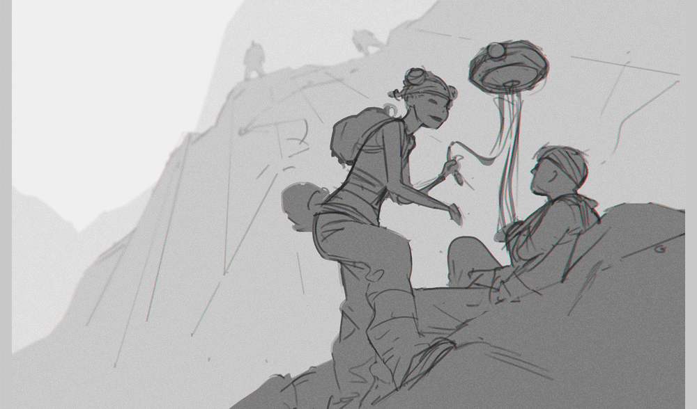 1boy, 1girl, animated, animated_gif, apex_legends, arm_sling, backpack, bag, beard, black_pants, brown_eyes, brown_hair, cable, canyon, cargo_pants, commentary, d.o.c._health_drone, dark-skinned_female, dark_skin, double_bun, english_commentary, facial_hair, grass, green_pants, grey_tank_top, hair_behind_ear, hair_bun, headband, hethe_srodawa, lifeline_(apex_legends), making-of, mask, mask_around_neck, midriff_peek, official_art, pants, red_hair, red_lips, sitting, sky, smile, tank_top, thick_lips, v-shaped_eyebrows, white_headband, white_tank_top