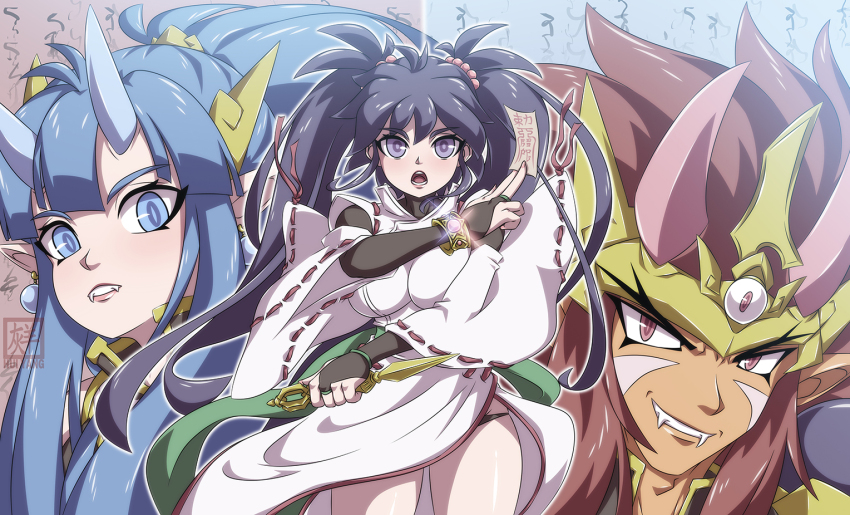 1girl, 2boys, alternate_breast_size, artist_request, bare_legs, black_hair, blue_hair, blush