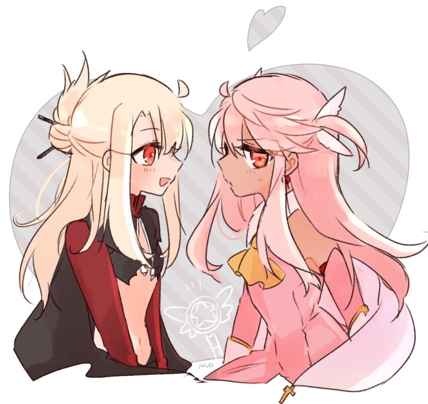 2girls, blonde_hair, blush, chloe_von_einzbern, chloe_von_einzbern_(archer_install), cosplay, costume_switch, dark-skinned_female