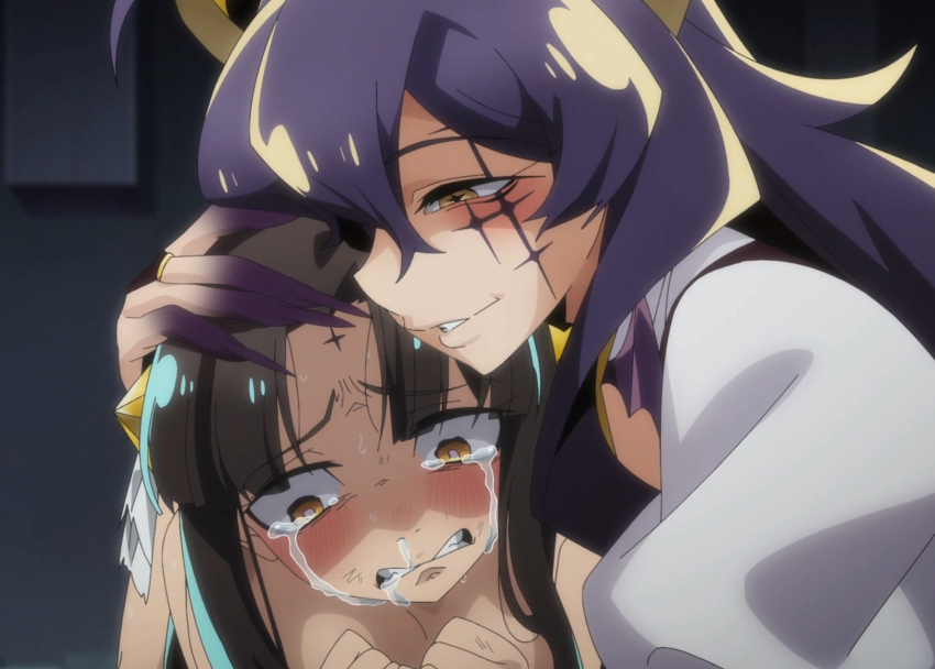 2girls, ahoge, anime_screenshot, black_gloves, breasts, brown_hair, clenched_teeth, completely_nude, crying, crying_with_eyes_open, elbow_gloves, facial_mark, feet, fingerless_gloves, fingernails, gloves, hair_between_eyes, hair_ornament, hand_on_another's_head, highres, hiiragi_utena, horns, lips, long_fingernails, long_hair, lord_enorme, magia_baiser, magical_girl, mahou_shoujo_ni_akogarete, medium_breasts, multiple_girls, nude, purple_hair, smile, star_(symbol), star_hair_ornament, stitched, tanaka_michiko, tears, teeth, tetth, third-party_edit