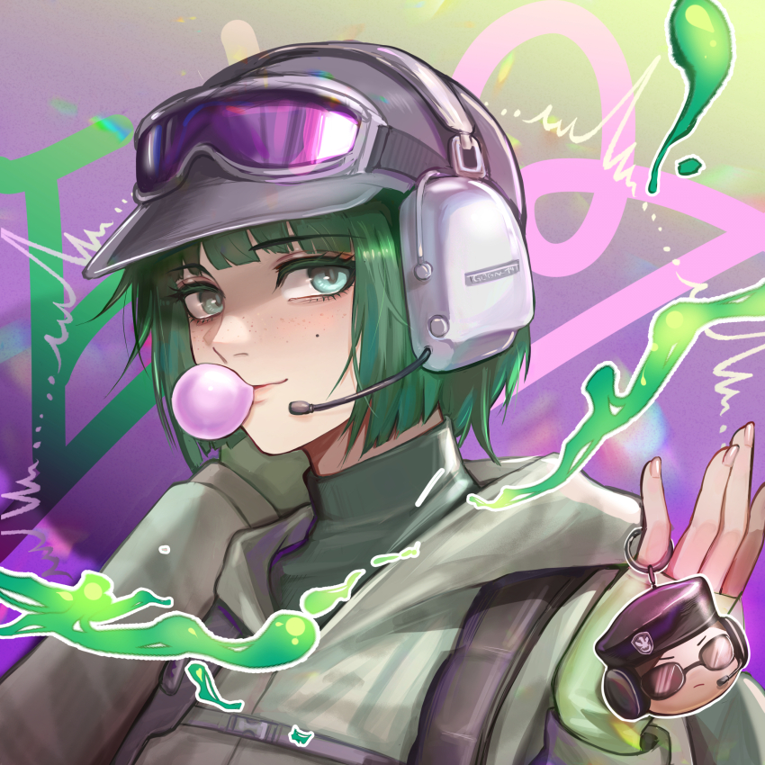 1girl, ash_(rainbow_six_siege), baseball_cap, black_hat, blowing_bubble_gum, blowing_bubbles, charm_(object), chewing_gum