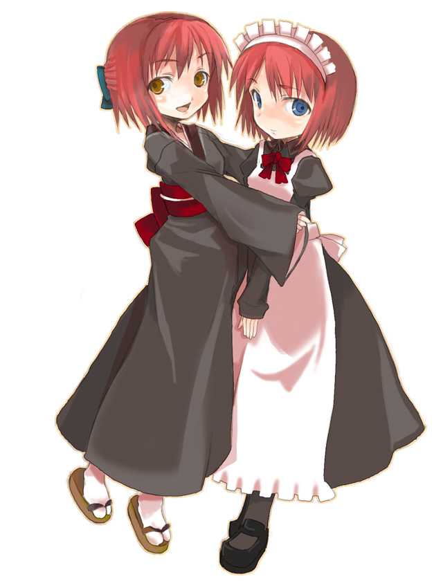 00s, 2girls, apron, blue_eyes, bow, hisui_(tsukihime), japanese_clothes, kimono, kohaku_(tsukihime), long_sleeves, maid, maid_apron, multiple_girls, obi, obscur, red_hair, ribbon, sandals, sash, short_hair, siblings, sisters, tsukihime, twins, type-moon, yellow_eyes, zouri