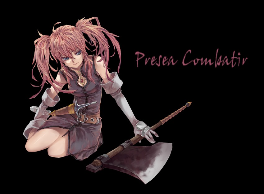 00s, 1girl, axe, bad_id, bad_pixiv_id, belt, black_background, blue_eyes