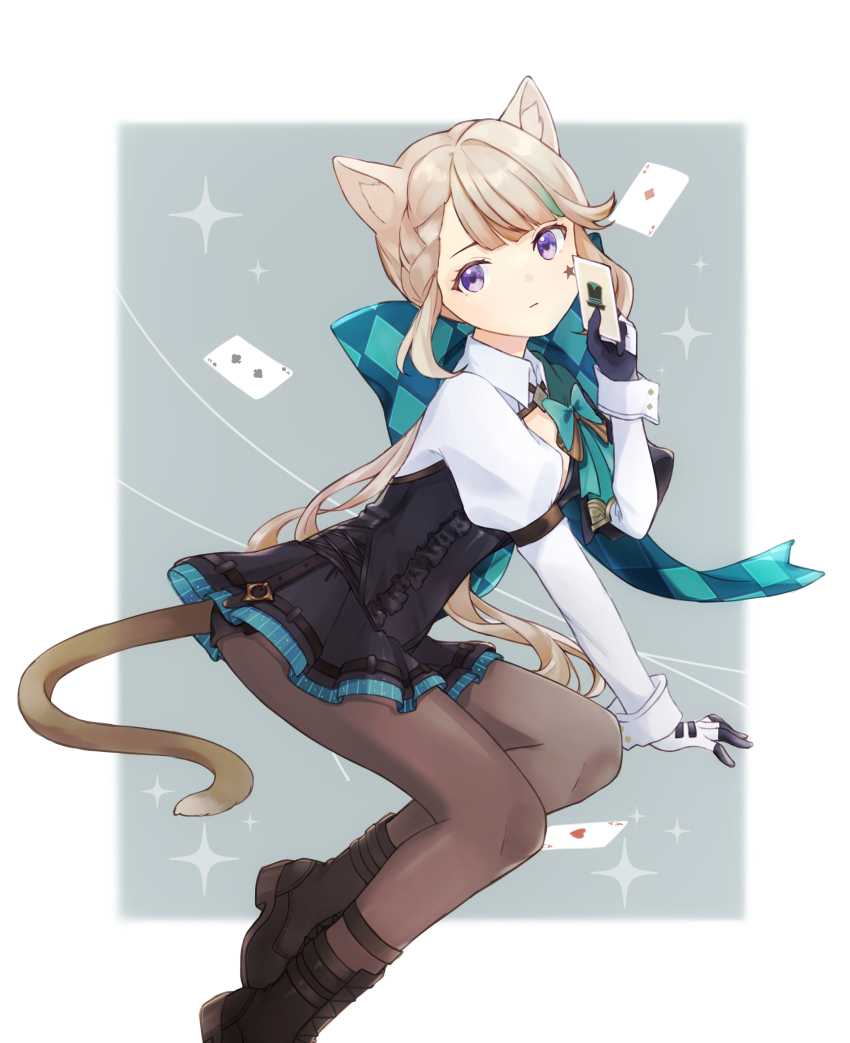 1girl, absurdres, ace_(playing_card), ace_of_diamonds, ace_of_hearts, animal_ears, black_boots, black_gloves
