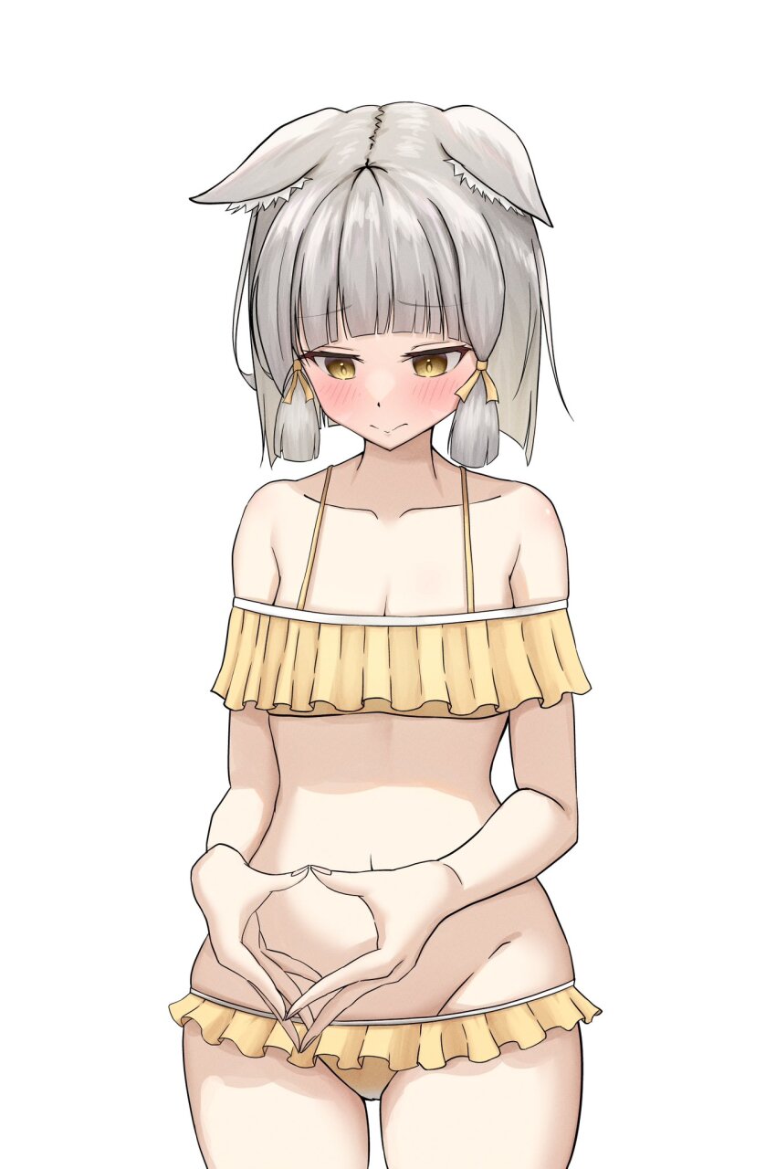 1girl, animal_ear_fluff, animal_ears, arched_bangs, bare_shoulders, bikini, blush, breasts