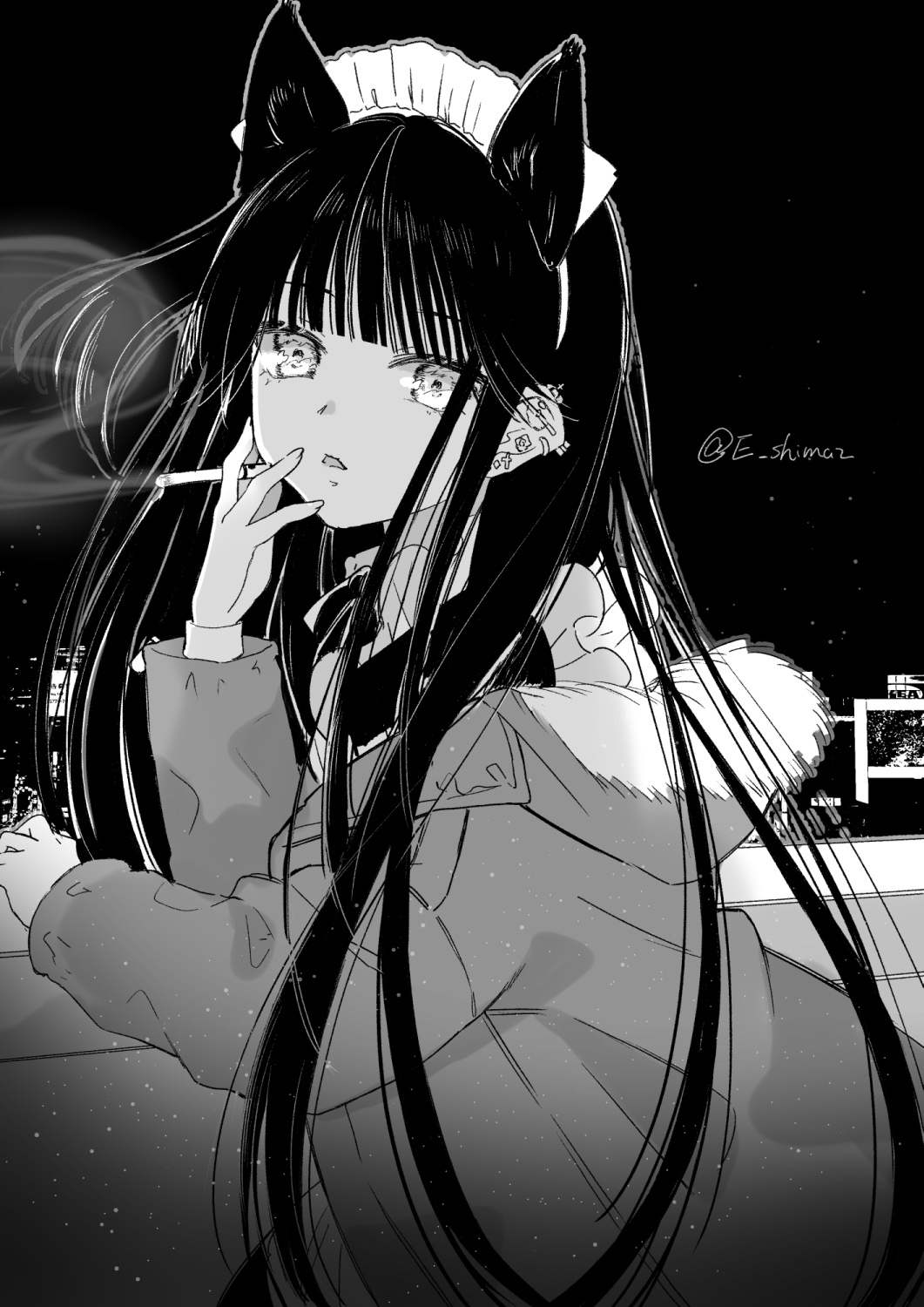 1girl, animal_ears, cat_ears, cat_girl, choppy_bangs, cigarette, collared_shirt, commentary