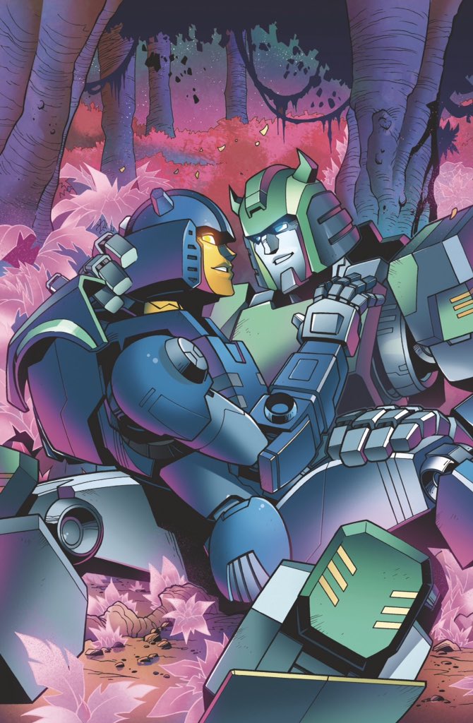 1boy, 1girl, autobot, blue_eyes, comic_cover, couple, flower, glowing, glowing_eyes, glyph_(transformers), hand_on_another's_chest, hand_on_another's_thigh, helmet, horns, humanoid_robot, jlawrence_art, josh_burcham, no_humans, official_art, robot, robot_girl, science_fiction, sky, smile, star_(sky), starry_sky, tap-out_(transformers), teeth, the_transformers_(idw), transformers, tree, yellow_eyes