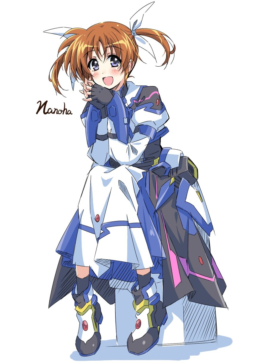 1girl, armor, armored_dress, black_gloves, brown_hair, dress, fingerless_gloves, gloves, hair_ribbon, highres, long_sleeves, looking_at_viewer, lyrical_nanoha, magical_girl, mahou_shoujo_lyrical_nanoha_detonation, open_mouth, purple_eyes, ribbon, sitting, smile, solo, takamachi_nanoha, takamachi_nanoha_(formula_ii), twintails, white_dress, white_ribbon, yorousa_(yoroiusagi)
