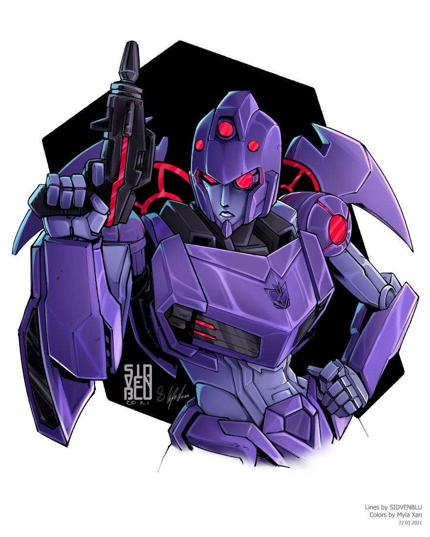 1girl, breasts, decepticon, gun, hand_on_own_hip, handgun, helmet, humanoid_robot