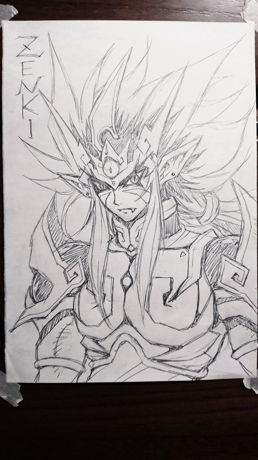 1boy, armor, biceps, big_hair, character_name, demon, demon_boy, fang