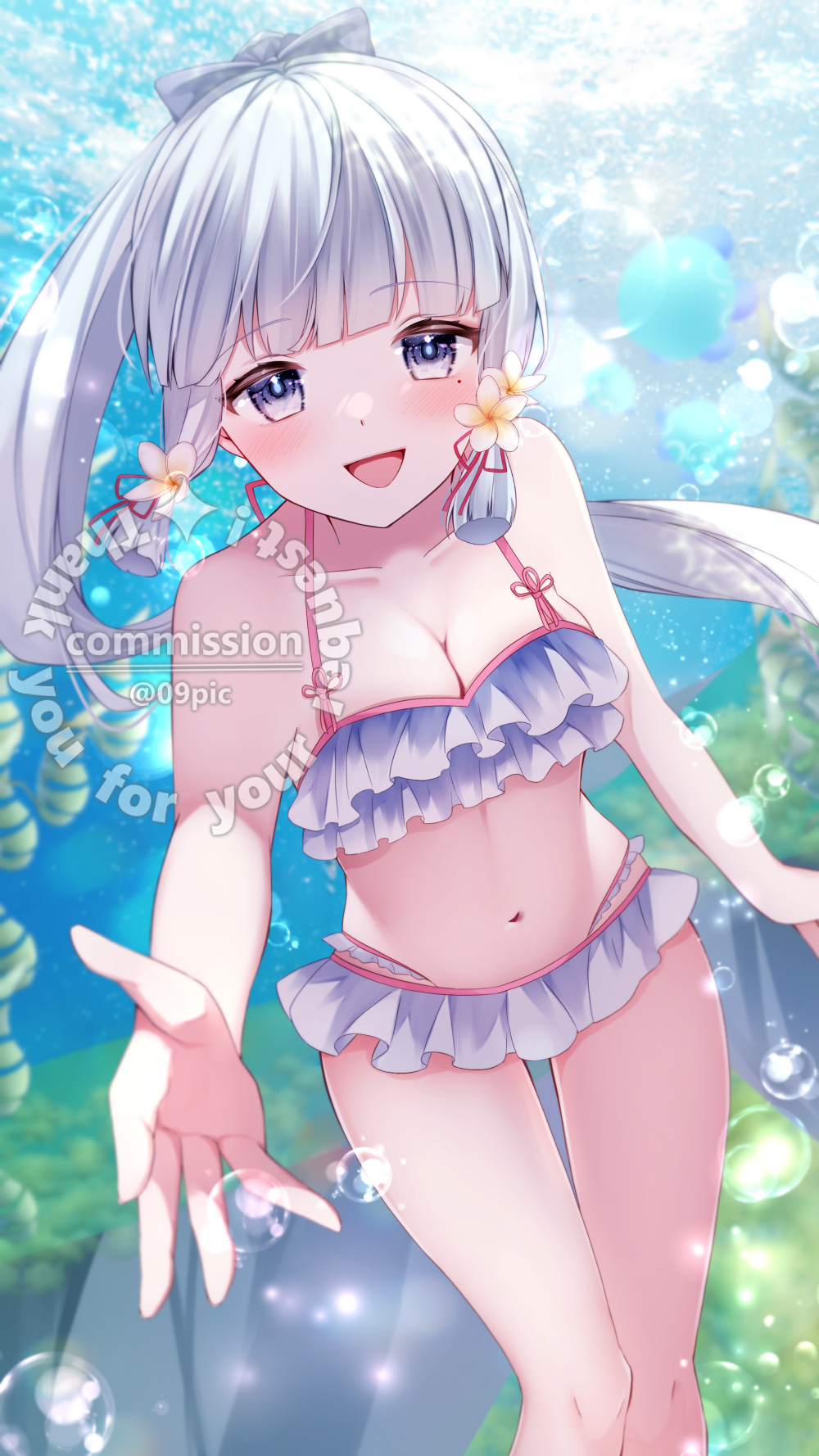 1girl, ayaka_(genshin_impact), bikini, blue_bikini, blue_eyes, blue_hair, blunt_bangs, breasts