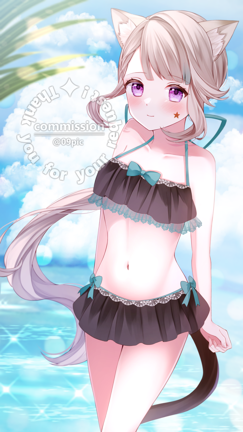 1girl, animal_ear_fluff, animal_ears, bikini, breasts, brown_hair, canary999, cat_ears