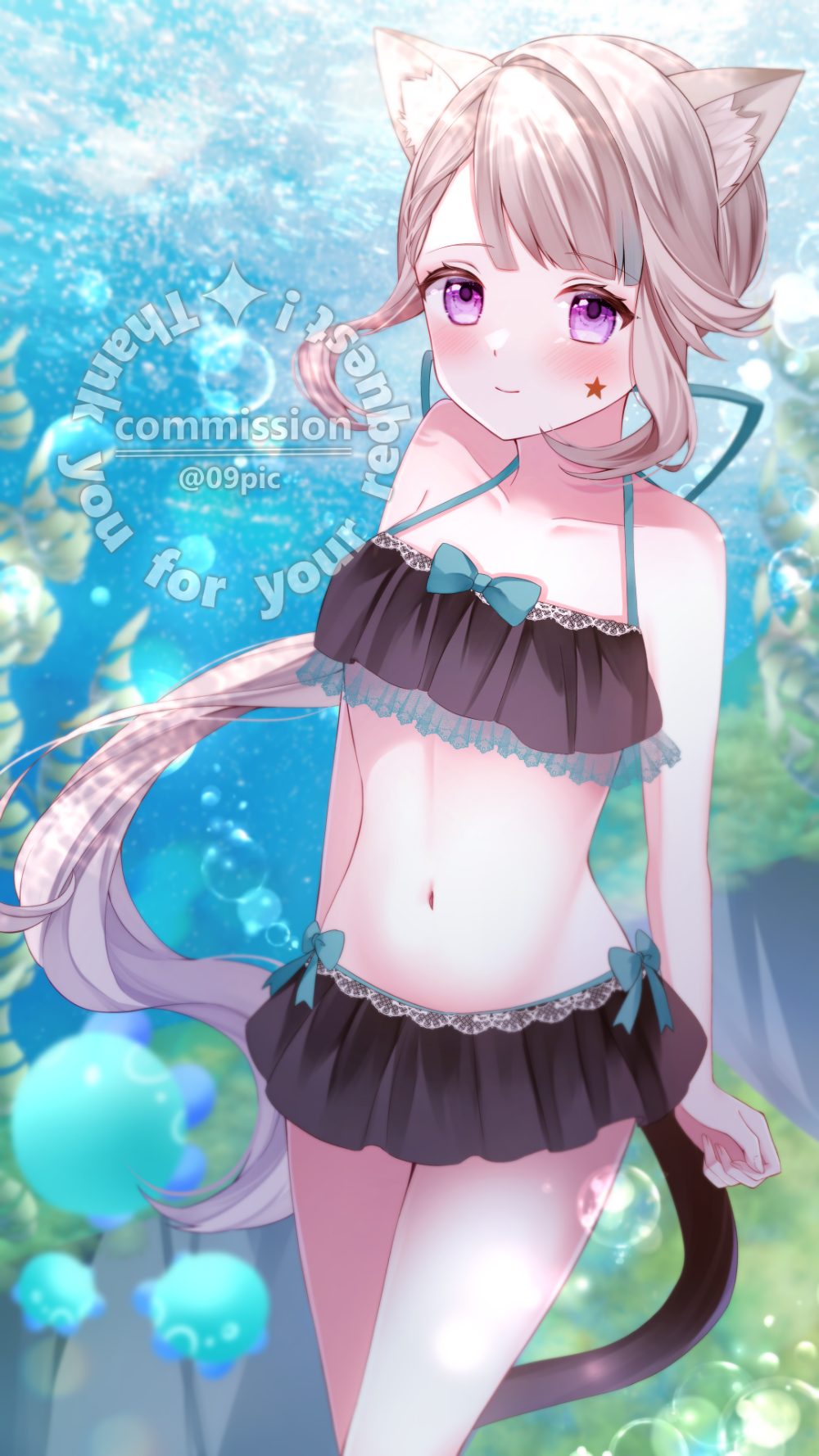 1girl, animal_ear_fluff, animal_ears, bikini, breasts, brown_hair, canary999, cat_ears