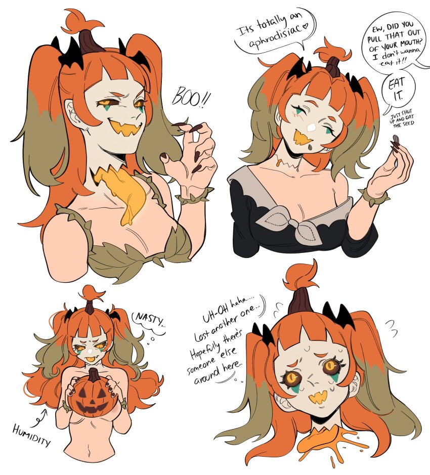 1girl, :p, absurdres, areola_slip, bat_hair_ornament, black_nails, black_sclera, blunt_bangs