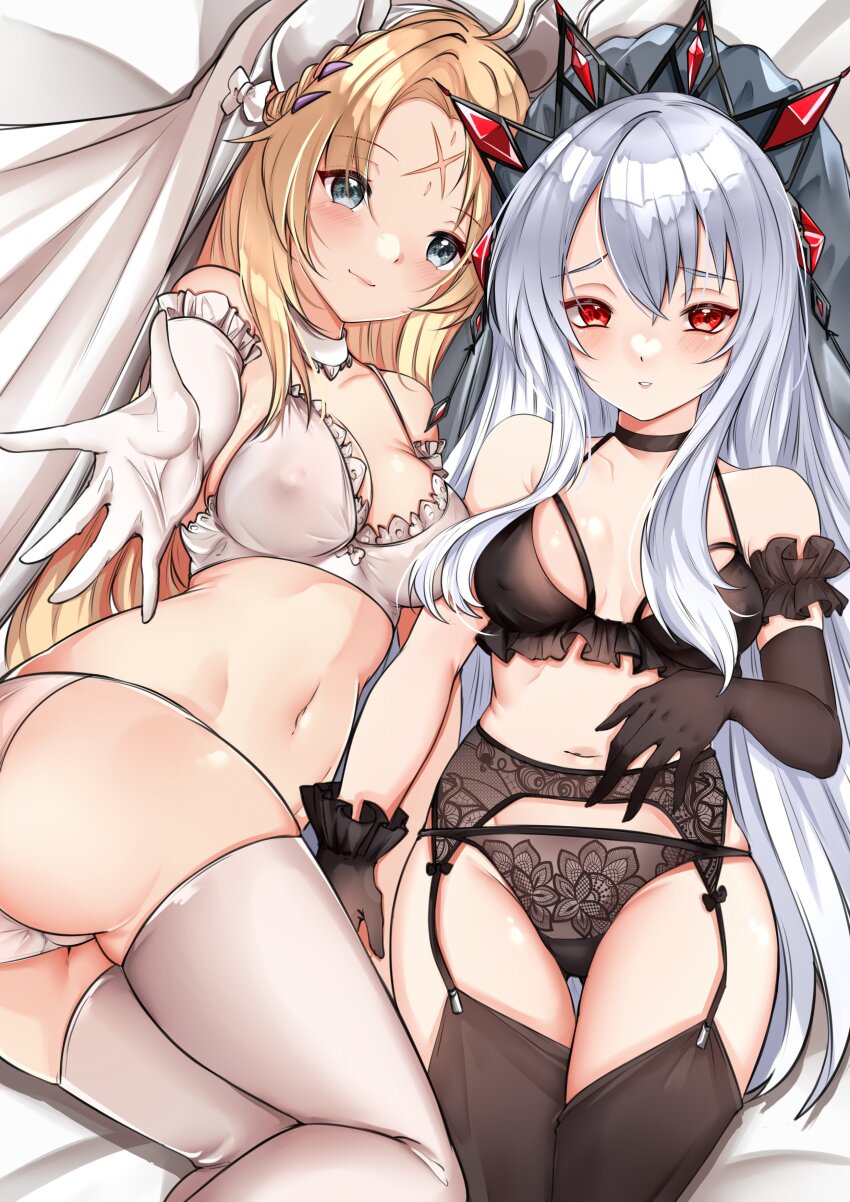 2girls, absurdres, black_gloves, black_panties, blonde_hair, bra, dogmatika_ecclesia_the_virtuous, ecclesia_(yu-gi-oh!), garter_belt, gloves, grey_hair, guiding_quem_the_virtuous, highres, lingerie, lying, multiple_girls, on_back, panties, platinette, underwear, white_gloves, white_panties, yu-gi-oh!