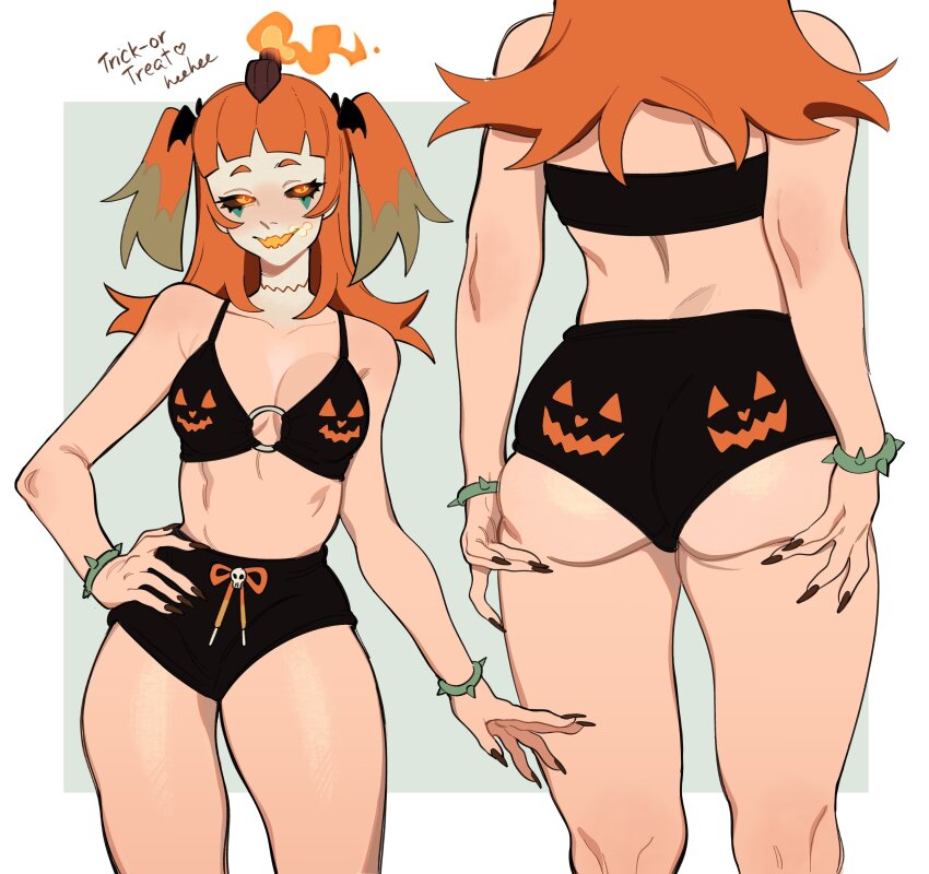 1girl, absurdres, ass, bare_arms, bare_legs, black_bra, black_nails, black_sclera, black_shorts, blunt_bangs, bra, colored_sclera, drawstring, english_text, facepaint, fang, feet_out_of_frame, fire, from_behind, glowing, glowing_eyes, grabbing_own_ass, green_hair, highres, jackie_lanturne_(porqueloin), long_hair, looking_at_viewer, monster_girl, multicolored_hair, multiple_views, neck_mouth, o-ring, o-ring_bra, open_mouth, orange_eyes, orange_hair, original, porqueloin, print_bra, short_shorts, shorts, simple_background, skin_fang, straight_hair, thighs, twintails, underwear, white_background