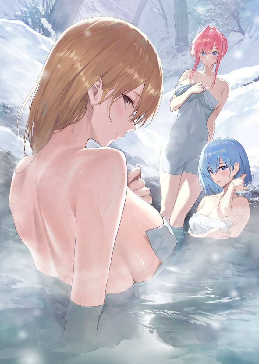 3girls, aqua_hair, bare_shoulders, bathing, blonde_hair, blue_eyes, blush, breasts, brown_eyes, closed_mouth, collarbone, fumi_fumi_(7837224), hair_between_eyes, highres, large_breasts, long_hair, looking_at_viewer, mixed-sex_bathing, multiple_girls, naked_towel, nude, onsen, original, outdoors, partially_submerged, pink_hair, shared_bathing, smile, snow, snowscape, solo, steam, towel, water, wet, winter