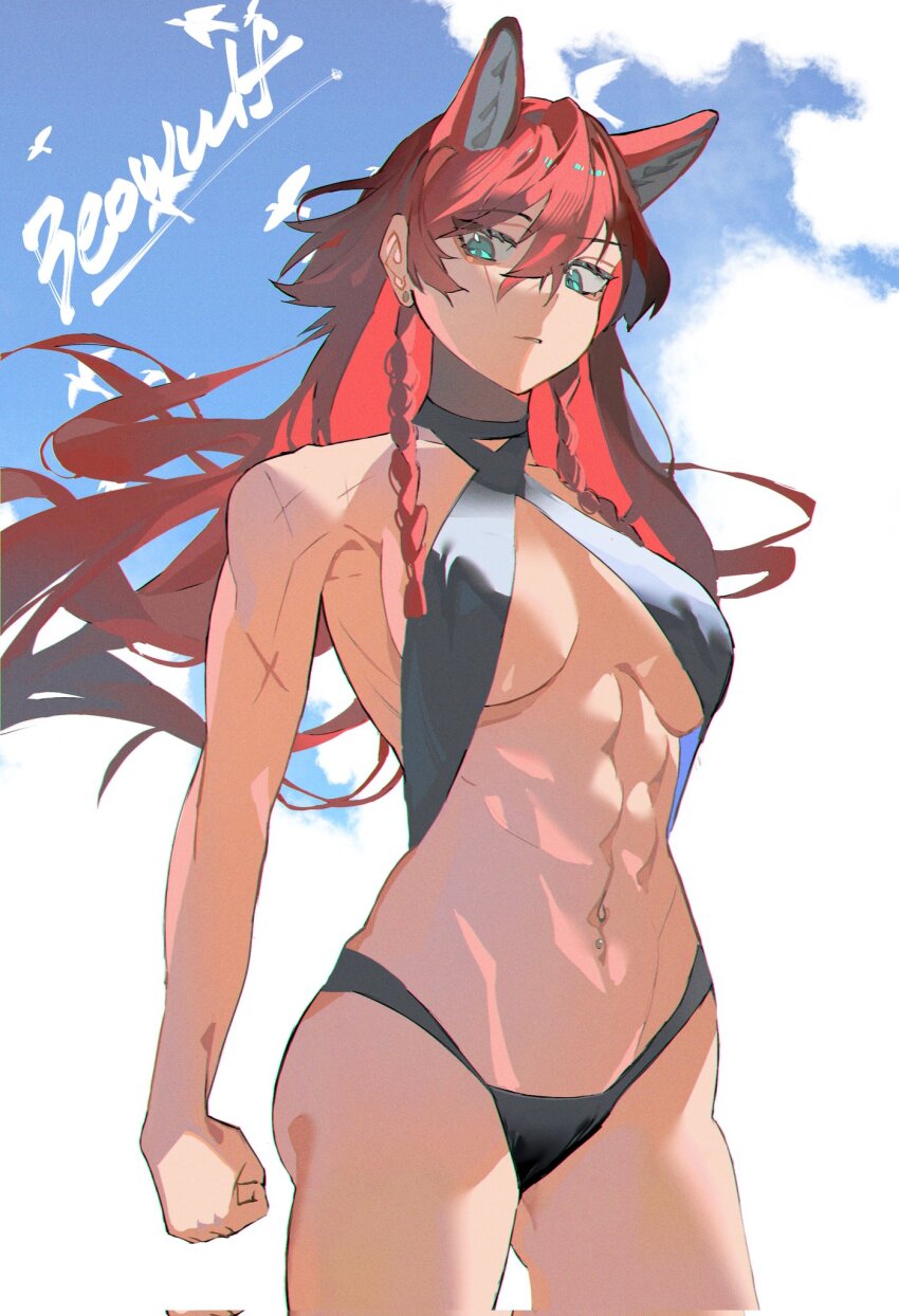 1girl, abs, alternate_costume, animal_ears, beowulf_(girls'_frontline), bikini, black_bikini, blue_sky, braid, breasts, character_name, clenched_hand, cloud, cloudy_sky, corrupted_twitter_file, expressionless, girls'_frontline, green_eyes, highres, long_hair, medium_breasts, multiple_scars, parted_lips, red_hair, scar, scar_across_eye, scar_on_face, scar_on_hand, scar_on_shoulder, simple_bird, sky, solo, swimsuit, twin_braids, yongsadragon