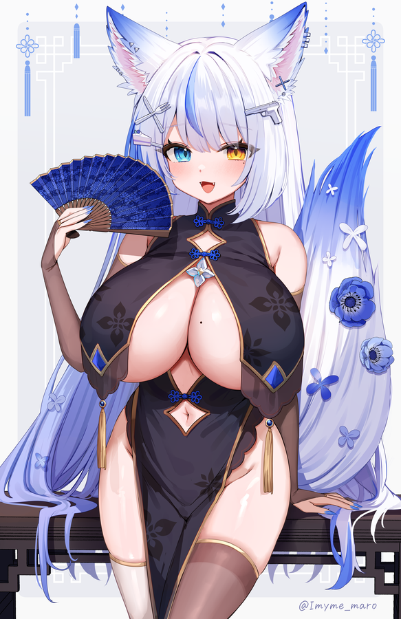 1girl, animal_ears, asymmetrical_legwear, bare_shoulders, black_dress, blue_eyes, blue_nails, breast_curtains, breasts, bridal_gauntlets, brown_thighhighs, china_dress, chinese_clothes, cleavage, clothing_cutout, cowboy_shot, dress, fangs, fox_ears, fox_girl, fox_tail, gold_trim, gradient_hair, hair_ornament, hand_fan, hand_up, heterochromia, holding, holding_fan, huge_breasts, indie_virtual_youtuber, lulebel, marota, mismatched_legwear, mole, mole_on_breast, mole_under_eye, multicolored_hair, nail_polish, navel, navel_cutout, no_panties, open_mouth, pelvic_curtain, sleeveless, sleeveless_dress, smile, solo, standing, streaked_hair, tail, tassel, thighhighs, thighs, virtual_youtuber, white_hair, white_thighhighs, yellow_eyes