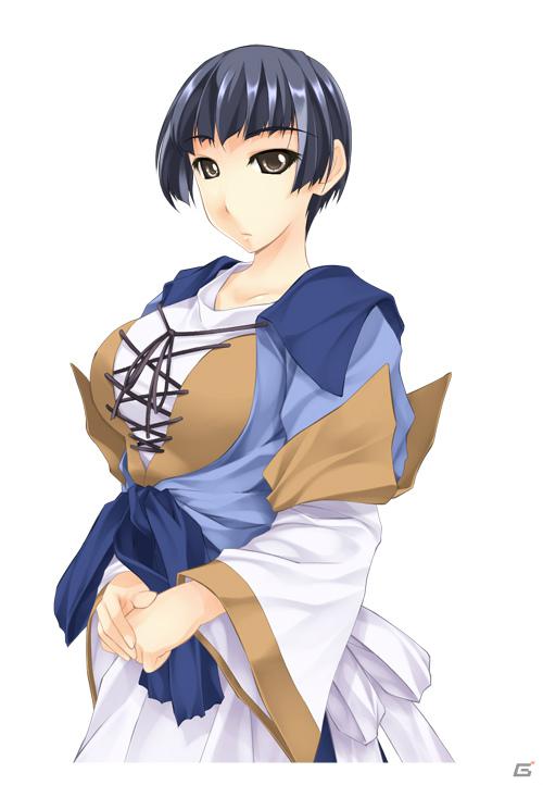 1girl, atelier-moo, black_hair, blunt_bangs, breasts, closed_mouth, collarbone, cowboy_shot