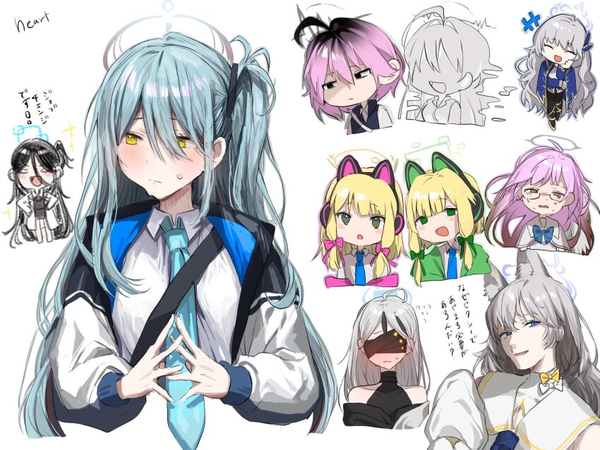 4boys, 4girls, ahoge, angela_(project_moon), angela_(project_moon)_(cosplay), angelica_(project_moon), aris_(blue_archive), aris_(blue_archive)_(cosplay), black_hair, blindfold, blue_archive, cardiogram, chibi, closed_eyes, closed_mouth, cosplay, costume_switch, fusion, ghost, gradient_hair, green_eyes, halo, heart_skzo, highres, hoshino_(blue_archive), hoshino_(blue_archive)_(cosplay), hoshino_(first_year)_(blue_archive), hoshino_(young)_(blue_archive), library_of_ruina, long_hair, looking_at_viewer, low-tied_sidelocks, midori_(blue_archive), midori_(blue_archive)_(cosplay), mika_(blue_archive), mika_(blue_archive)_(cosplay), momoi_(blue_archive), momoi_(blue_archive)_(cosplay), multicolored_hair, multiple_boys, multiple_girls, notice_lines, ohr_(blue_archive), ohr_(blue_archive)_(cosplay), open_mouth, philip_(project_moon), pink_hair, project_moon, roland_(project_moon), seia_(blue_archive), seia_(blue_archive)_(cosplay), short_hair, sidelocks, simple_background, smile, tiphereth_a_(project_moon), tiphereth_b_(project_moon), translation_request, very_long_hair, white_background, white_hair, yume_(blue_archive), yume_(blue_archive)_(cosplay)