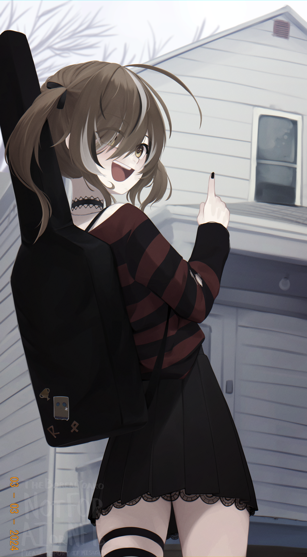 1girl, :d, ahoge, american_football_(band), black_choker, black_hair, black_nails, black_skirt, brown_hair, choker, commentary, cowboy_shot, dated, english_commentary, english_text, eyes_visible_through_hair, friend_(nanashi_mumei), guitar_case, highres, hololive, hololive_english, house, instrument_case, long_bangs, long_hair, long_sleeves, multicolored_hair, nail_polish, nanashi_mumei, nanashi_mumei_(emo), official_alternate_costume, open_mouth, pleated_skirt, pointing, shirt, skirt, smile, solo, streaked_hair, striped_clothes, striped_shirt, thigh_strap, torn_clothes, torn_shirt, twintails, virtual_youtuber, watermark, white_hair, yoako