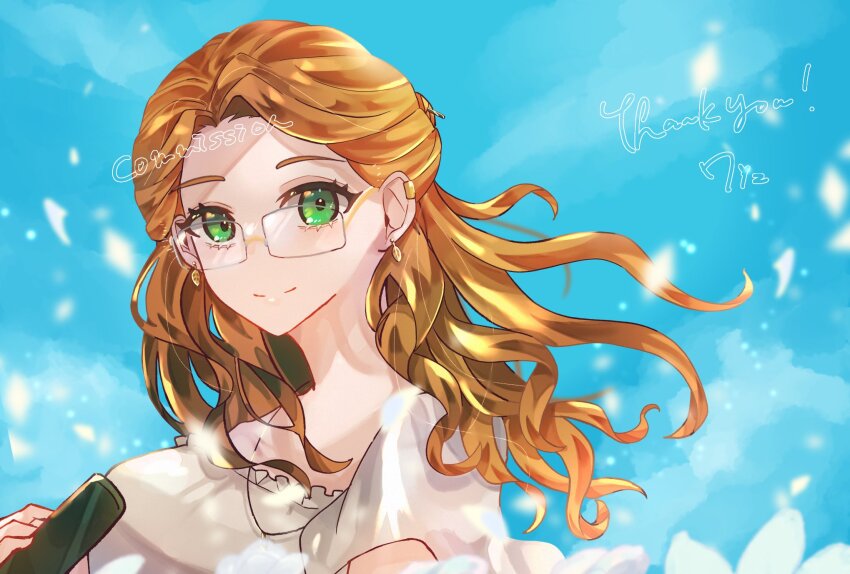 1girl, 712_(712_nnn), blouse, blue_sky, brown_hair, closed_mouth, commission, earrings, glasses, green_eyes, highres, indie_virtual_youtuber, jewelry, long_hair, mariel_(vtuber), necklace, shirt, skeb_commission, sky, solo, thank_you, upper_body, virtual_youtuber, white_shirt