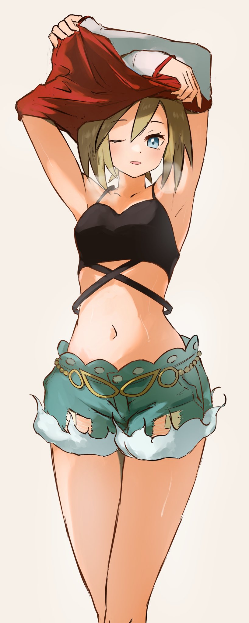 1girl, armpits, black_tank_top, blonde_hair, blue_eyes, blue_shorts, breath, cowboy_shot