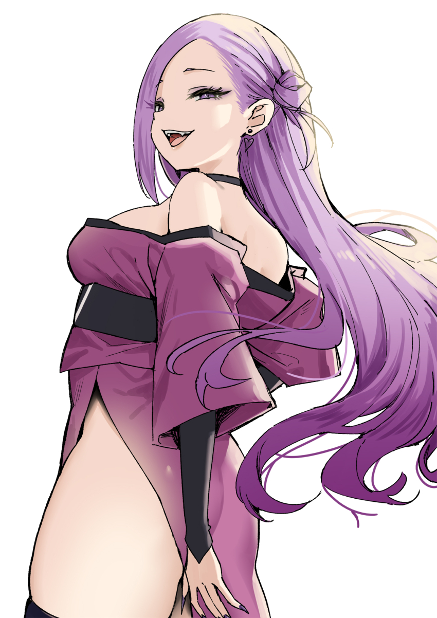 1girl, bare_shoulders, breasts, condor_trilogy, earrings, fingernails, from_behind, heart