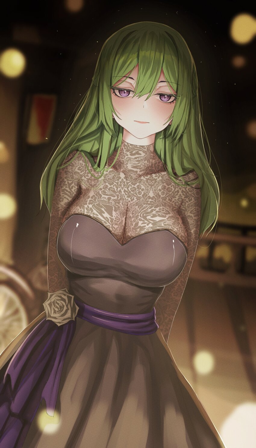 1girl, absurdres, arms_behind_back, black_dress, blurry, blurry_background, breasts, covered_collarbone, dress, green_hair, highres, lace, large_breasts, long_hair, looking_at_viewer, party, purple_eyes, self-upload, shiraitoart983, solo, sousou_no_frieren, standing, ubel_(sousou_no_frieren)