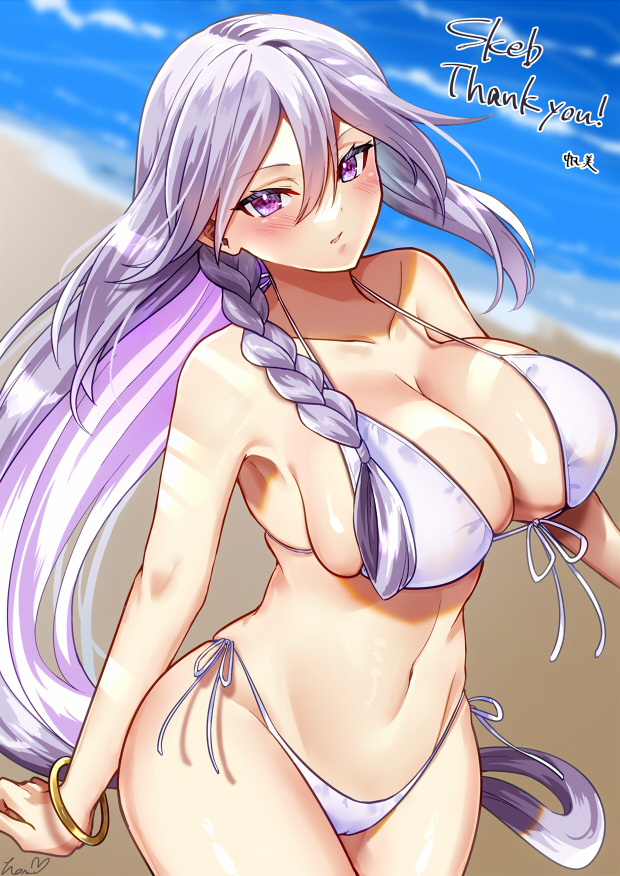 1girl, bare_shoulders, bikini, braid, breasts, cleavage, commission, dogmatika_fleurdelis_the_knighted