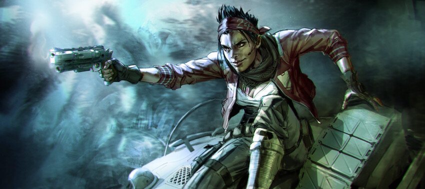 1girl, ammunition_pouch, b3_wingman, black_gloves, black_hair, black_pants, black_scarf, boots