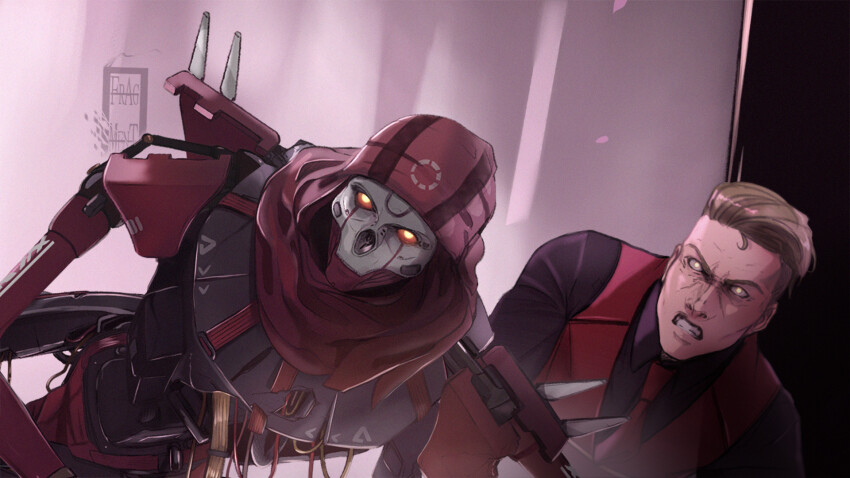 2boys, apex_legends, artist_name, bandana, black_shirt, blonde_hair, classic_revenant, collared_shirt