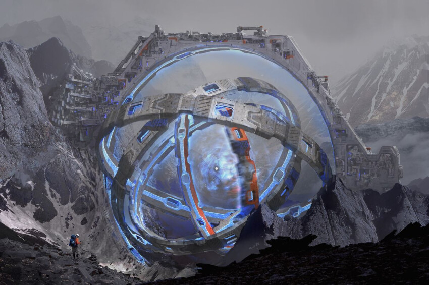 1other, ambiguous_gender, concept_art, danny_gardner, energy, glowing, grand_scale, hiking